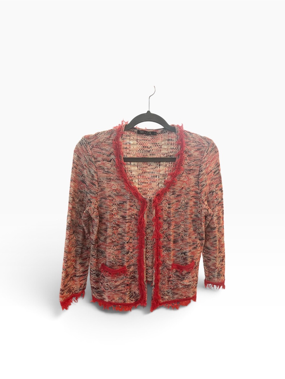 NIC+ZOE Orange Multi-Color Fringe-Trim Open Cardigan